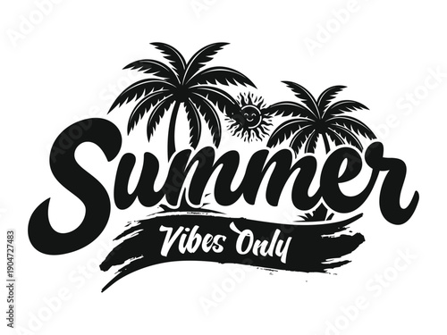 Summer vibes only graphic design with palm trees and sun