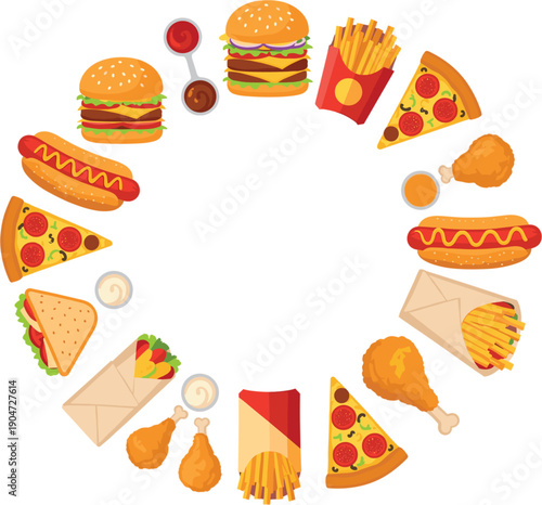 Fast food circle composition with burgers pizza fries and snacks colorful junk food vector illustration