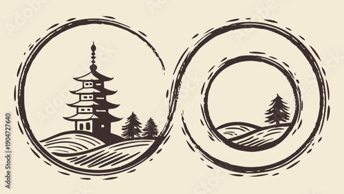 An artistic ink illustration of a japanese pagoda and minimalist landscape within an infinity symbol.