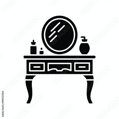 Elegant glyph style icon representing a dressing table, suitable for beauty and home decor.