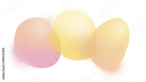 Three transparent, uneven and overlapping colorful roundish blobs on white background. Abstract high resolution vibrant illustration. Yellow, pink and orange blobs.
