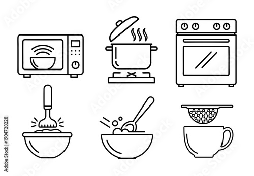Kitchen Cooking Process Icon Set Vector Illustration – Microwave Heating, Stove Pot, Oven, Tea Straining, Mixing Bowl and Mashing Food Symbols