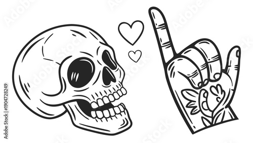 Minimalist line art illustration of a human skull next to a tattooed hand with hearts.