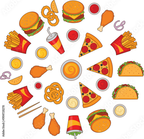 Fast food circular layout with burgers pizza fries chicken and sauces colorful junk food vector illustration