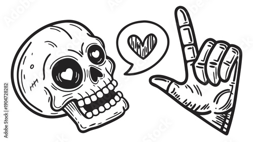 Black and white hand drawn illustration of a skull with a heart speech bubble and hand gesture