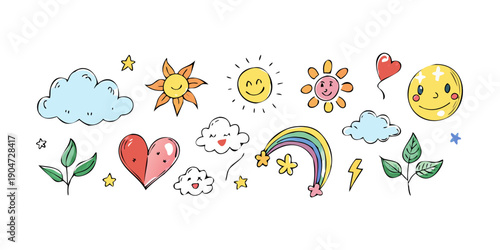 A delightful array of colorful icons featuring hearts, clouds, and nature elements Vector