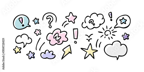 A whimsical collection of thought bubbles and speech balloons with various symbols and icons Vector