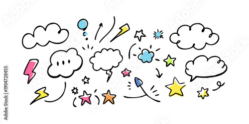 Colorful and whimsical illustration of various weather elements and natural phenomena Vector