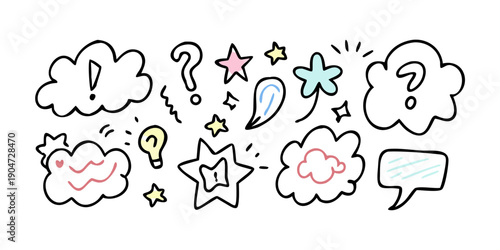 A collection of diverse thought bubbles and speech clouds with various symbols and icons. Vector