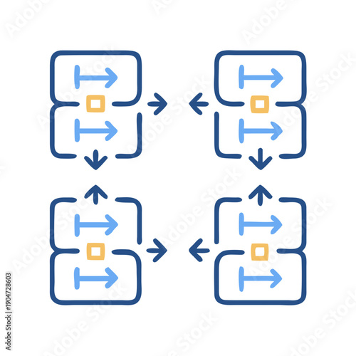 Four interconnected blue and orange boxes with arrows indicating data flow and process Vector