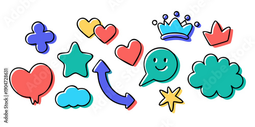 A delightful assortment of colorful cartoon clouds and hearts floating in the sky Vector