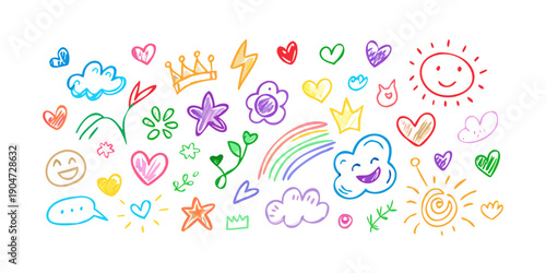 A vibrant and colorful array of hearts and smiley faces in various shapes and sizes. Vector