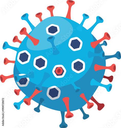 Vibrant vector graphic of a stylized virus, featuring a blue core and numerous red spike proteins, representing infectious agents and microscopic health threats