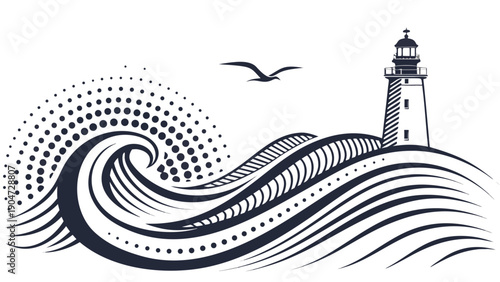 A vintage style illustration of a lighthouse on a hill with ocean waves and a seagull in the sky.