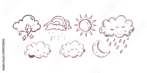 A collection of different weather conditions illustrated with various cloud types and phenomena. Vector