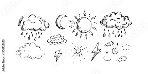 Illustrations of various weather conditions and natural phenomena Vector