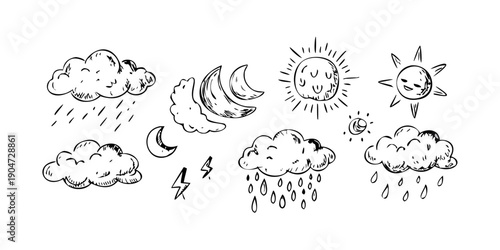 A collection of various weather icons depicting different atmospheric conditions Vector