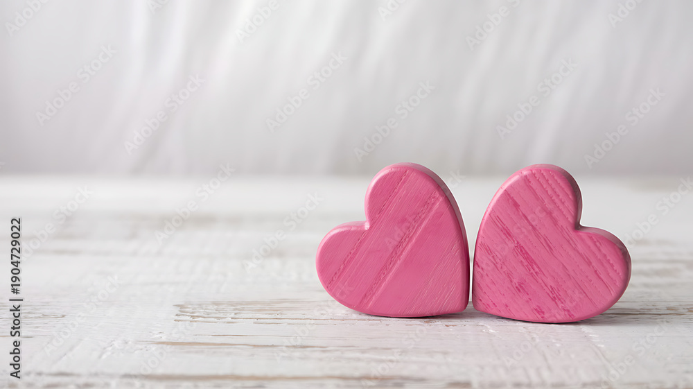 Fototapeta premium Two small, textured, pink wooden heart decorations resting on rustic white wooden table with soft focus background
