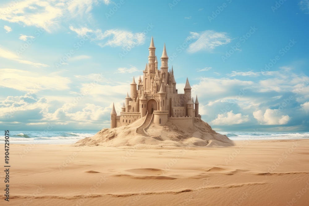 Naklejka premium Sandcastle with towers and walls built on a sandy beach next to the ocean