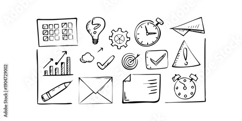 Diverse icons representing various aspects of business and productivity. Vector