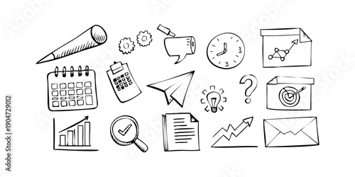 Illustration of various office and productivity icons in black and white Vector