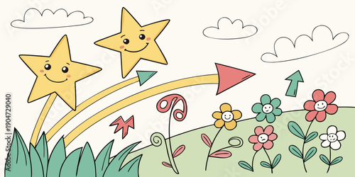 A vibrant and whimsical illustration of a starry night in a magical forest Vector