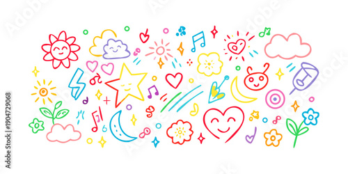 Colorful and whimsical doodles of hearts, stars, and flowers in a playful arrangement Vector