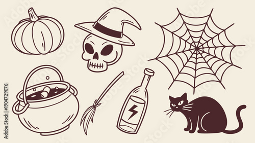 Hand drawn Halloween sticker set featuring a skull in a witch hat a black cat a spider web and a cauldron on a cream background.