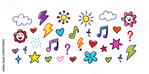 A vibrant collection of diverse symbols and icons in various shapes and colors Vector