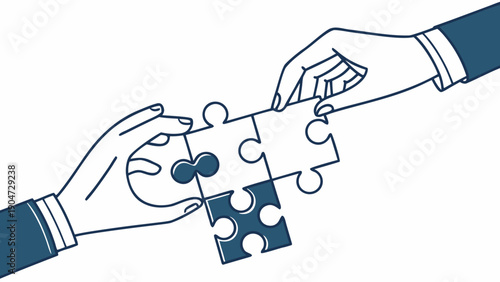 Two hands in business suits collaborating to assemble jigsaw puzzle pieces together