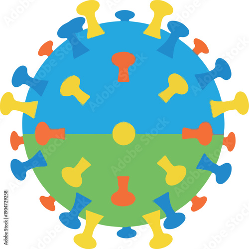 A vibrant and simplified cartoon illustration depicting the spherical structure of a generic virus particle, featuring colorful spike proteins on its surface, symbolizing microscopic pathogens