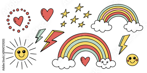 A vibrant collection of colorful illustrations featuring hearts, stars, and rainbows Vector