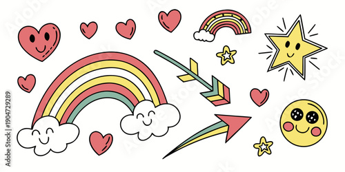 A vibrant and colorful illustration featuring hearts, rainbows, and stars Vector