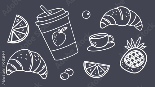 Chalkboard style illustration of breakfast items including croissants coffee and fruit