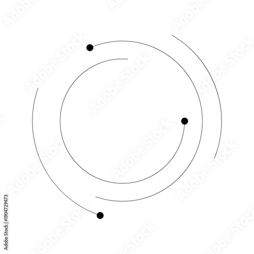 Minimalist Orbital Design, Three Black Dots Positioned Along Concentric Circular Arcs of Varying Radius and Length, Abstract Representation of Motion, Atomic Structure