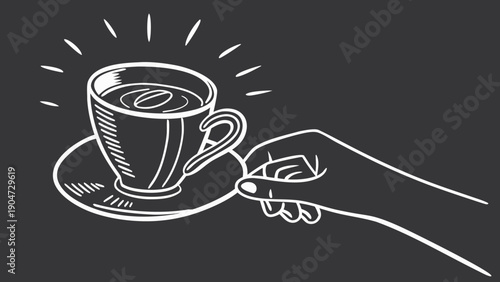 Hand reaching for a steaming cup of coffee on a saucer in a chalkboard style illustration