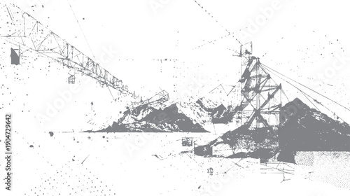 Industrial structures and mountainous terrain rendered in a monochromatic style with scattered dots and lines