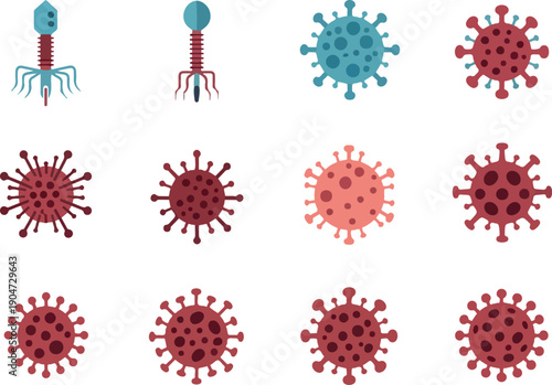 Illustrative collection of diverse viral structures and bacteriophages, symbolizing the microscopic world of pathogens and infectious agents for scientific and educational contexts