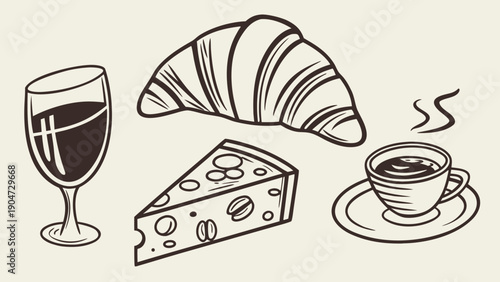 Hand drawn illustration of a french breakfast with croissant, coffee, wine, and cheese.