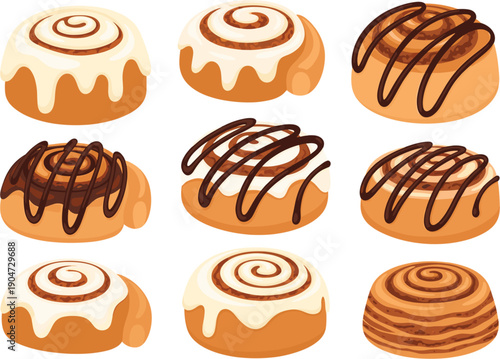 Set of sweet cinnamon rolls and iced buns with chocolate drizzle bakery dessert vector illustration collection