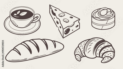 Hand drawn sketchy illustration of breakfast food items including coffee bread and cheese