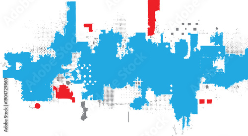 Blue red gray abstract shapes with dot patterns and irregular edges on white background