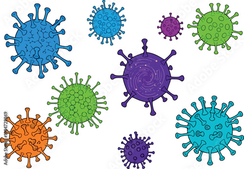 Vibrant microscopic organisms illustration, an artistic interpretation of biological threats and pathogens, representing health challenges and scientific exploration