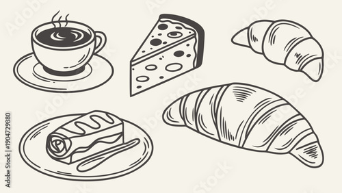 Hand drawn sketches of coffee cup croissant cheese and cake for breakfast menu design.