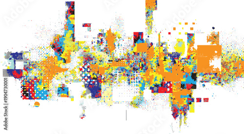 Abstract mosaic of colorful pixelated shapes and dots on white background blue bright chaos