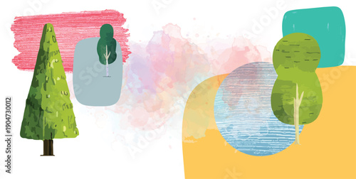 Abstract trees and watercolor splashes in pastel and bright colors nature