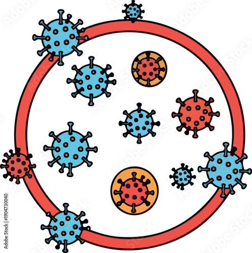 Dynamic abstract illustration of microscopic virus-like particles interacting with a circular boundary, representing biological processes such as infection, immunity, or cellular activity