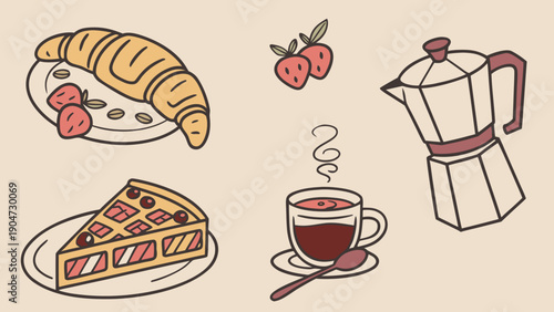 Illustration of a delicious breakfast set with croissant, coffee, strawberries, and a slice of pie.