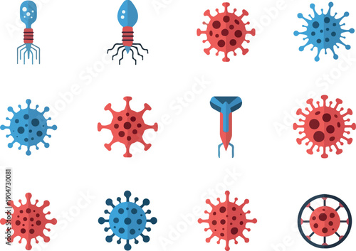 Collection of diverse microscopic virus and bacteria icons in red and blue, symbolizing infectious diseases, health threats, and scientific research in microbiology