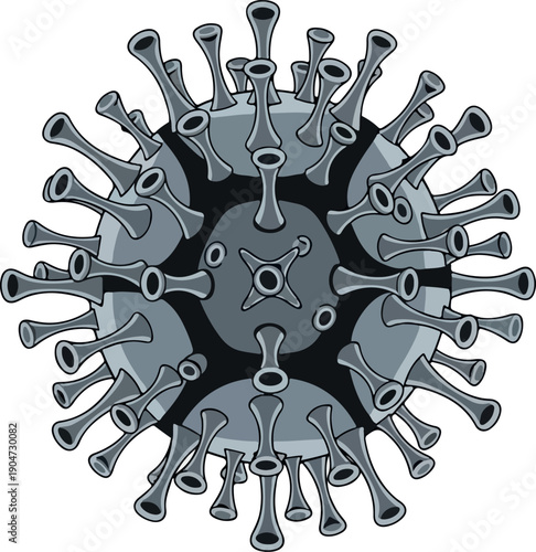 Intricate grayscale illustration of a microscopic pathogen, representing a generic virus with spike proteins, symbolizing global health challenges and the study of infectious diseases